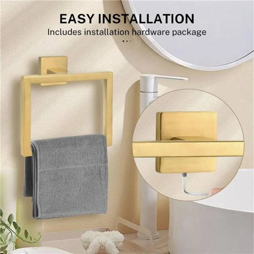 Bathroom towel ring set 2 piece wall mounted brushed gold square hand towel hold